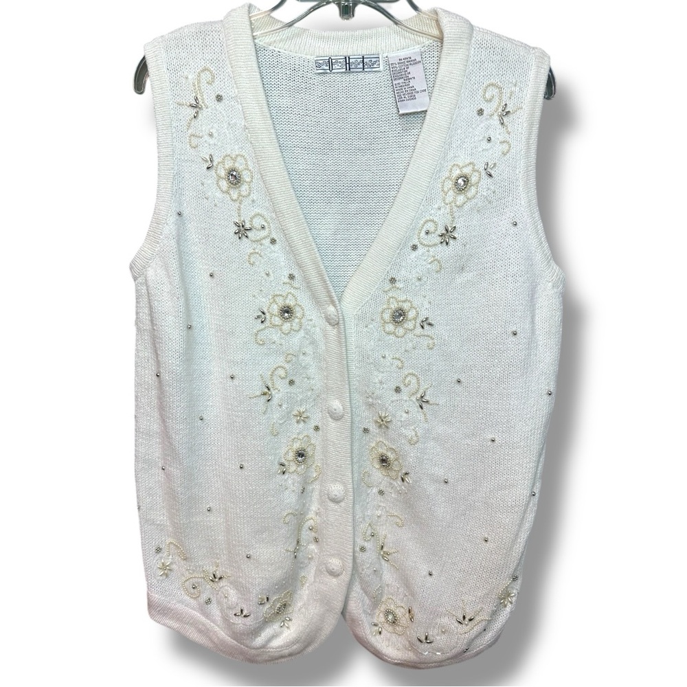 OHI Ivory Knit V-Neck Sweater Vest with Delicate Trim and Embellishments. Size M